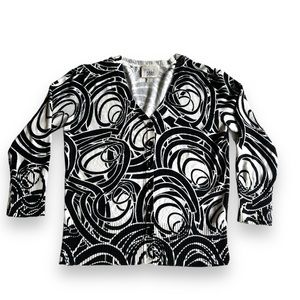 Eci button down cardigan black and white abstract shapes 3/4 sleeve, S